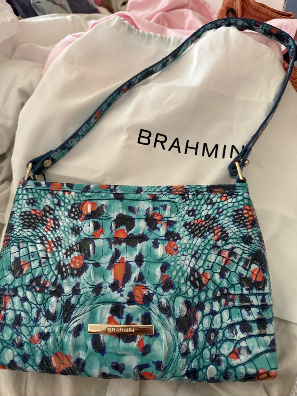 Brahmin Teal Multi shoulder bag- Turquoise, Navy & Coral Accents